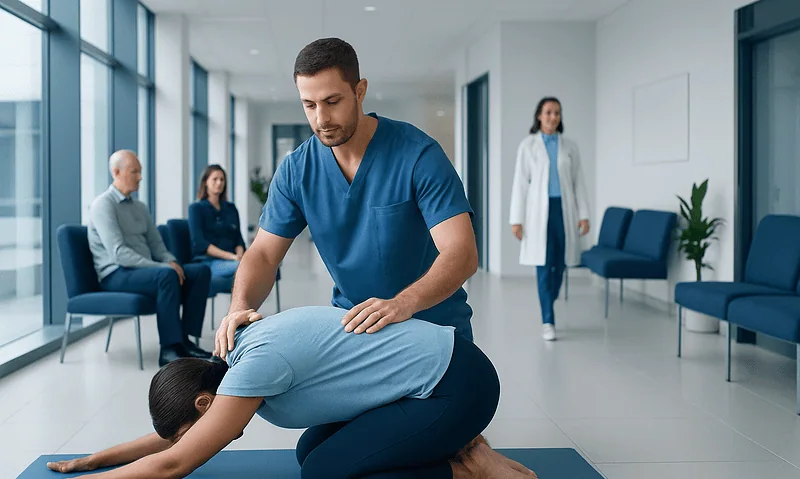 Physiotherapist assisting a woman with lower back stretch in a hospital corridor.