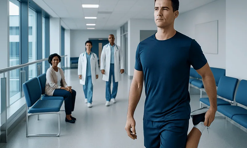 Man stretching in hospital corridor with medical staff in background.
