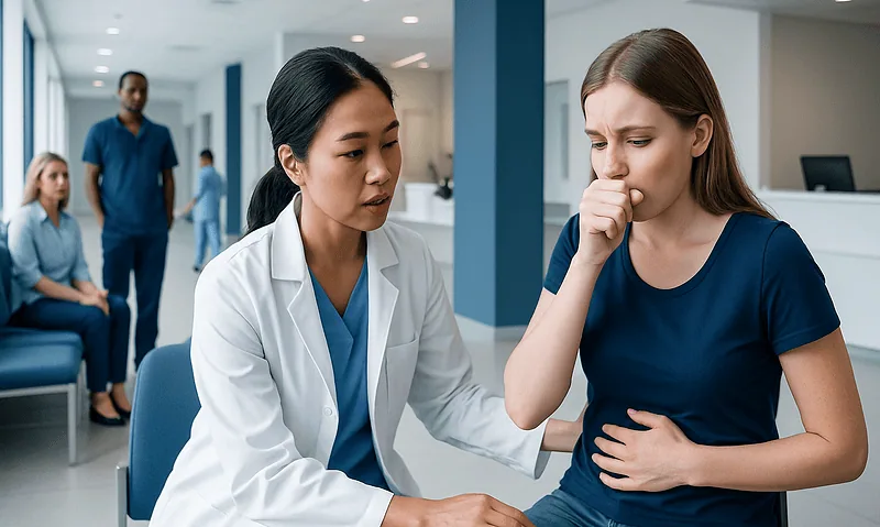Doctor examining a woman with nausea in a hospital waiting area.