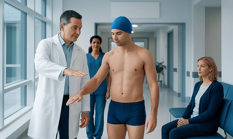 Doctor examining a young man in a hospital corridor.