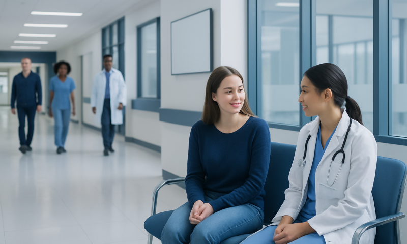 Patient consulting with doctor in hospital corridor.