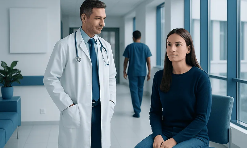 Doctor consulting with a female patient in a hospital corridor.