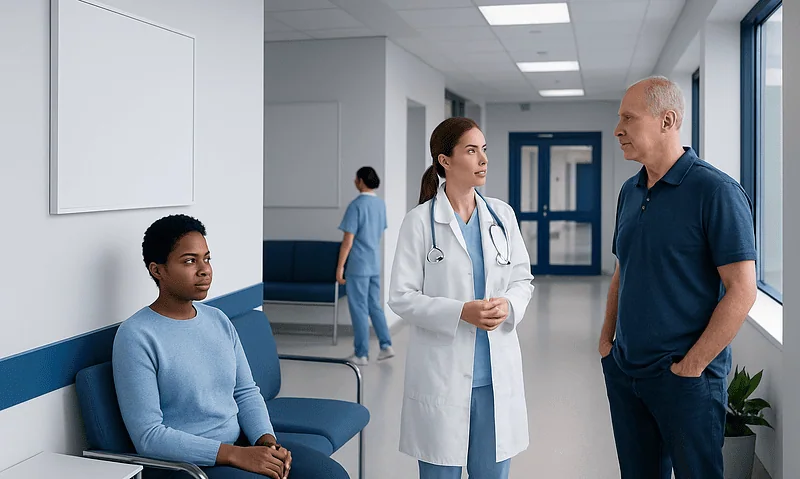 Doctor consulting with a patient in a hospital corridor.