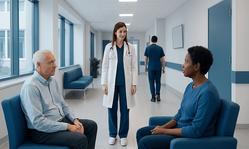 Doctor consulting with elderly and young patient in hospital corridor.
