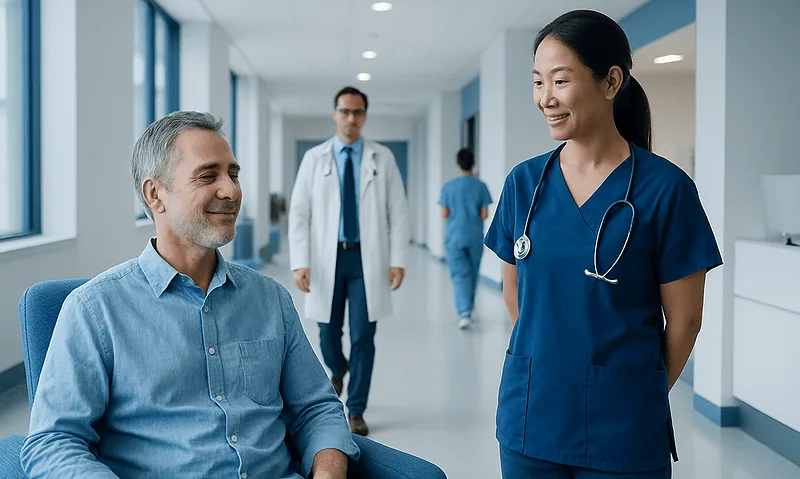 Doctor and patient smiling in hospital corridor at Acibadem Hospitals Group.