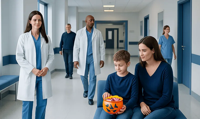 Children trick-or-treating in hospital corridor with medical staff nearby.