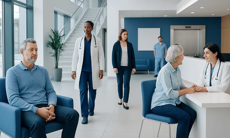 Patients and doctors in a modern hospital lobby.