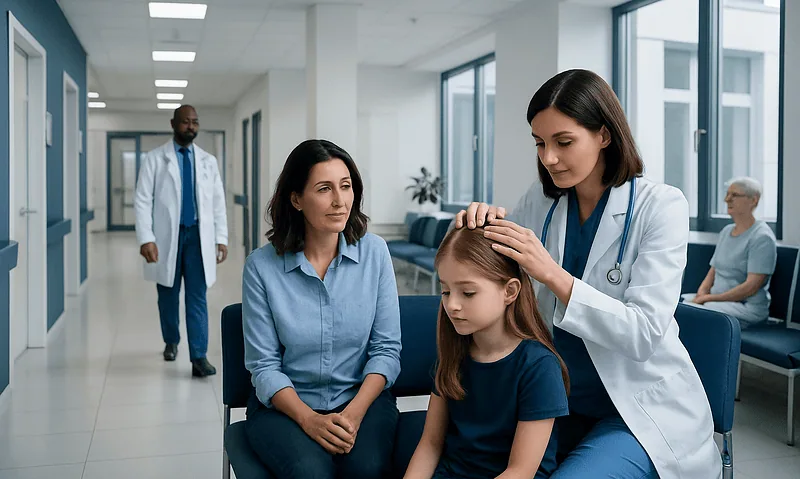 Pediatric doctor examining a young girl in a hospital corridor.