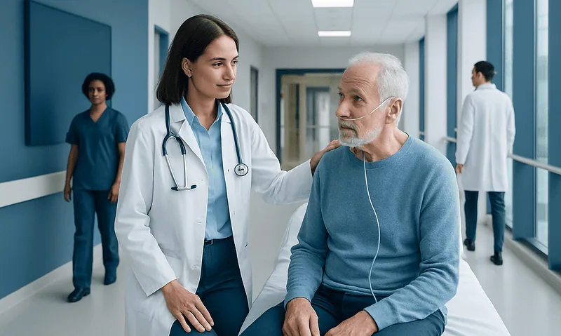 Doctor comforting an elderly patient in hospital corridor.