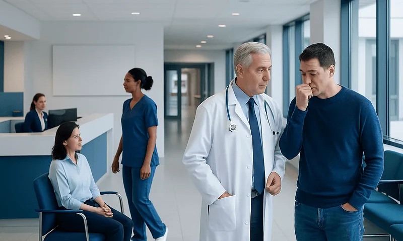 Doctor consulting with a patient in a modern hospital corridor.