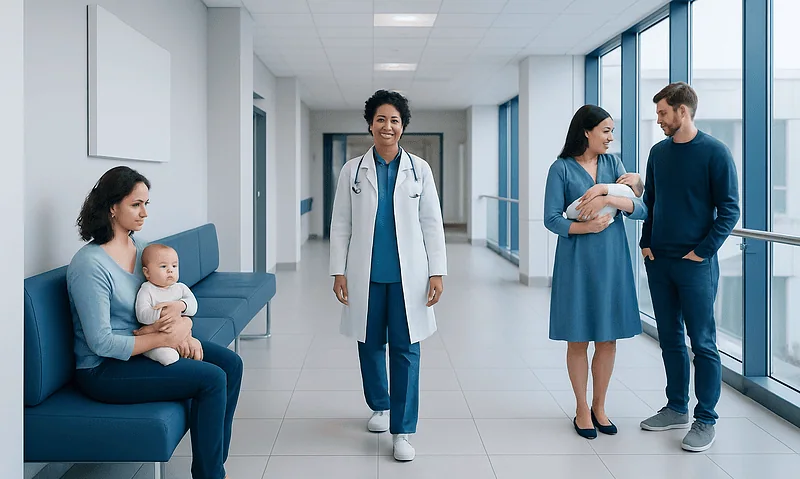 Healthcare professionals and parents with a baby in a hospital corridor.