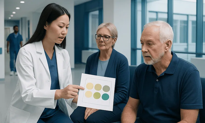 Doctor explaining phlegm color chart to elderly patients in clinic.