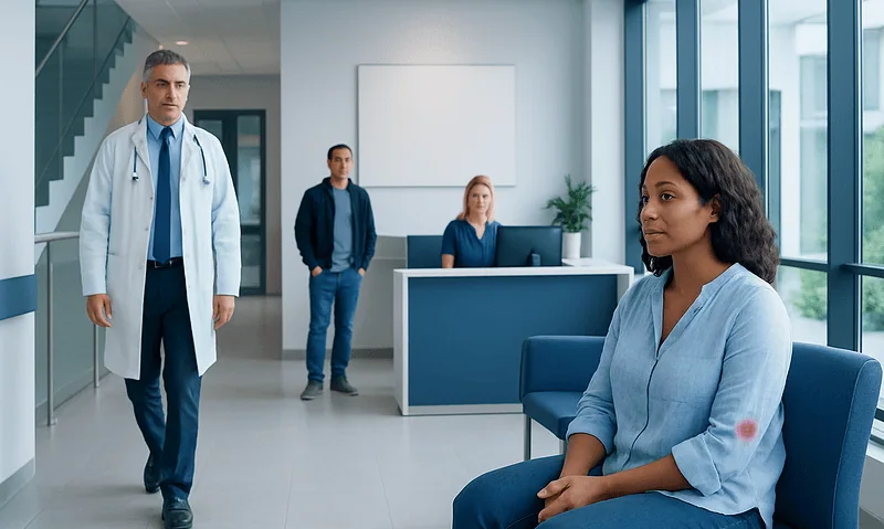 Doctor consulting with patient in modern hospital lobby.