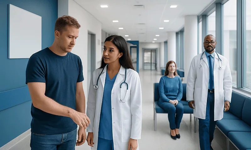 Patient consulting with doctor in hospital corridor with medical staff nearby.