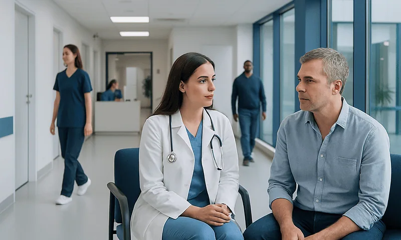 Tonsil stones vs strep: Symptoms, Causes, and Treatment — Complete Patient Guide 17 Doctor consulting with patient in hospital corridor at Acibadem Hospitals.