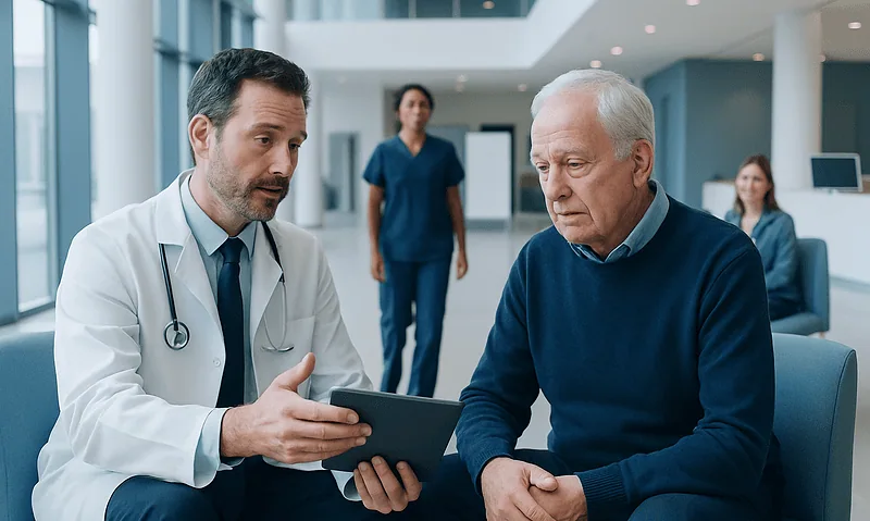 Doctor consulting with elderly patient in hospital lobby.