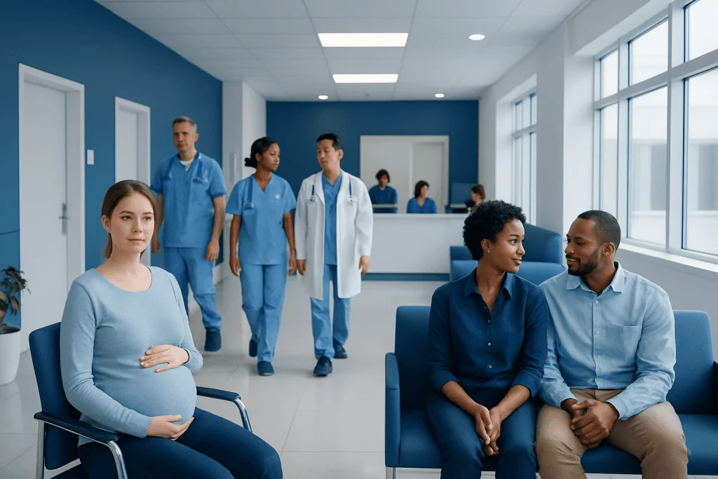 How Can We Have Twins? Causes, Explanations, and Next Steps 1 Pregnant woman waiting in hospital with medical staff and visitors around.
