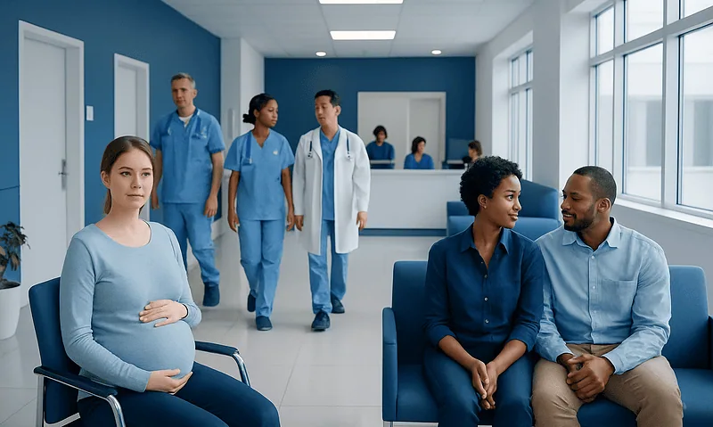 Pregnant woman waiting in hospital with medical staff and visitors around.
