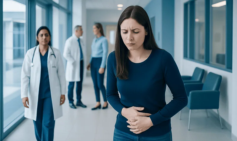 Woman experiencing abdominal pain in hospital corridor with medical staff nearby.