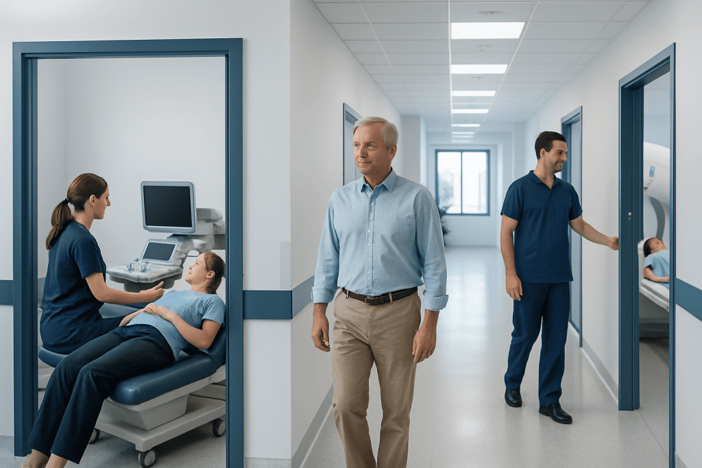 Diagnostic Ultrasound vs CT Scan: Which Test Answers What? 1 Medical staff performing ultrasound on a young patient in a hospital corridor.