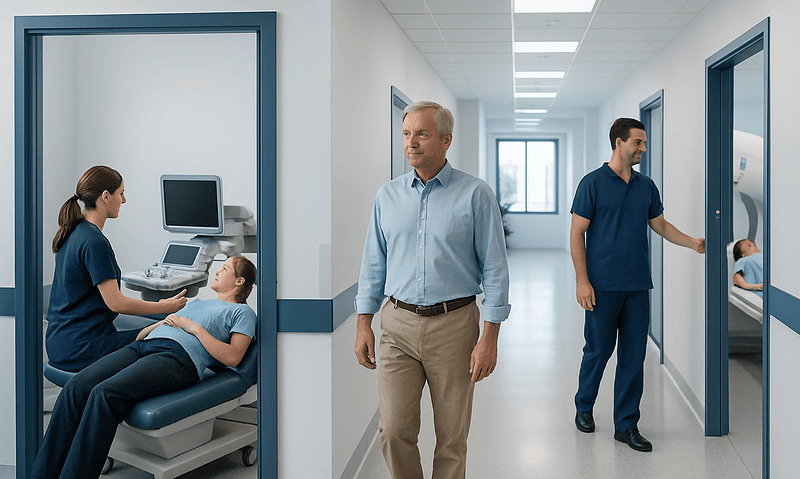 Medical staff performing ultrasound on a young patient in a hospital corridor.