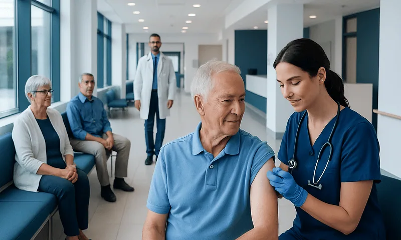 Elderly man receiving a vaccination from a healthcare professional in a hospital corridor.