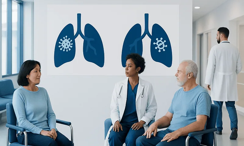 Medical consultation about pneumonia with lung diagrams in the background.