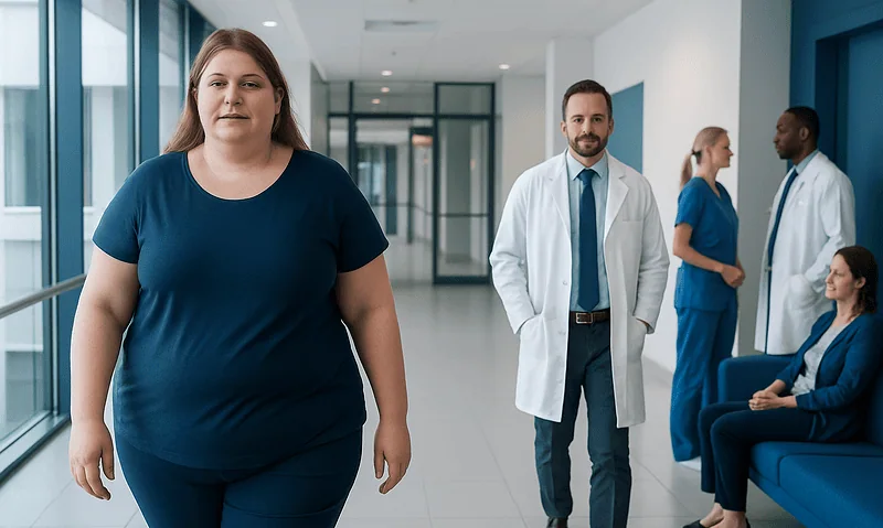 Patient walking in hospital corridor with medical staff in background.