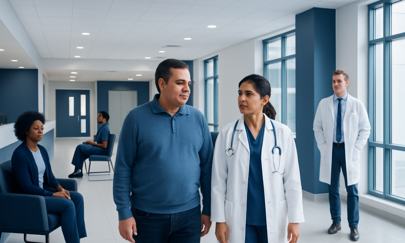 Medical professionals and patients in a modern hospital corridor.