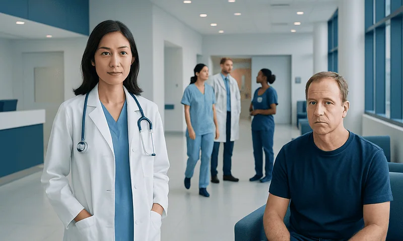 Doctor and patient in hospital corridor with medical staff in background.