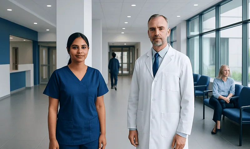 Healthcare professionals in a modern hospital corridor at Acibadem Hospitals Group.