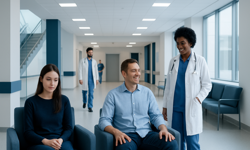 Healthcare professionals and patients in a modern hospital corridor.
