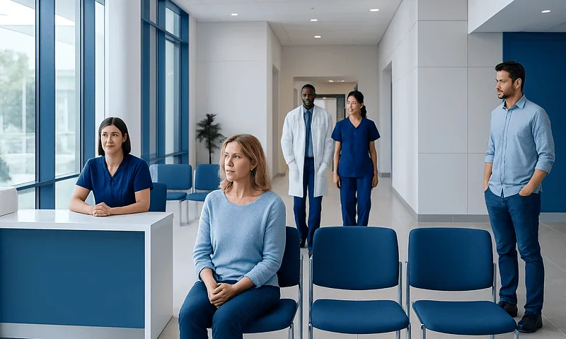 Patients waiting in a modern hospital lobby with medical staff nearby.