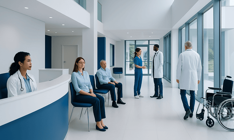 Medical team and patients in a modern hospital waiting area.