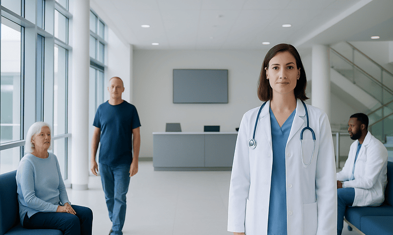 Healthcare professionals and patients in a modern hospital waiting area.