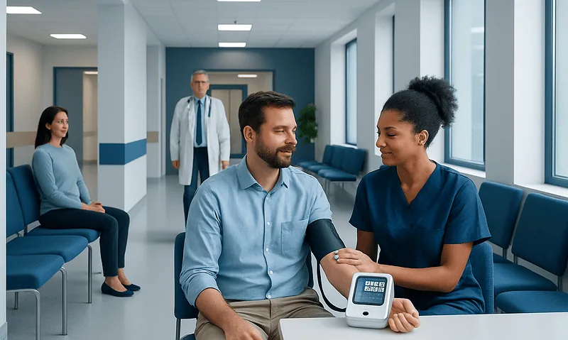Doctor measuring blood pressure of a patient in a hospital corridor.