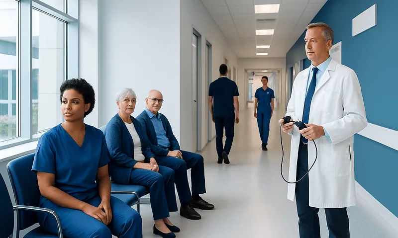 Doctor with patients in hospital corridor, waiting area with seated individuals.