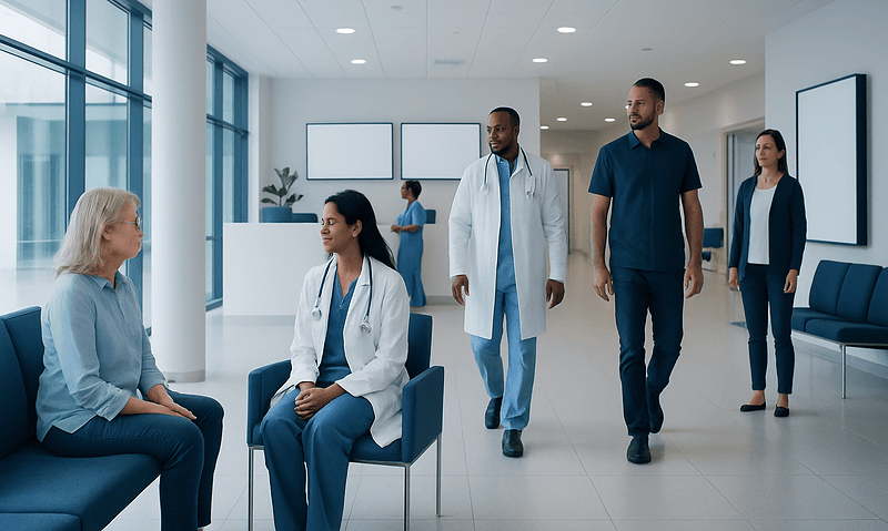 Medical team consulting with patient in hospital lobby.