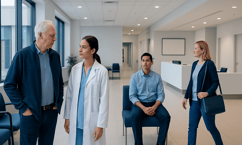 Medical professionals and patient in hospital lobby at Acibadem Hospitals Group.