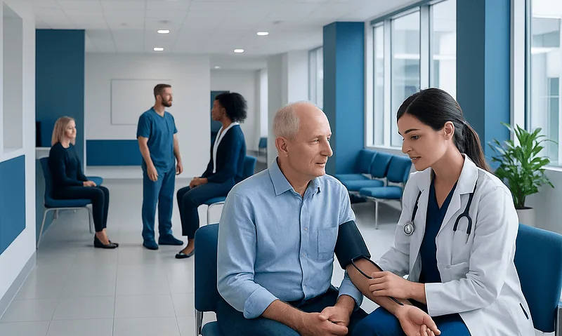 Doctor measuring patient's blood pressure in a hospital corridor.