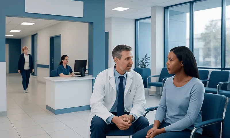 Doctor consulting with a patient in a modern hospital waiting area.
