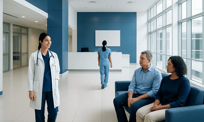 Healthcare professionals and patients in a modern hospital lobby.