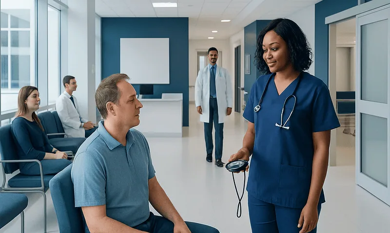 Healthcare professional measuring blood pressure of a patient in a clinic.