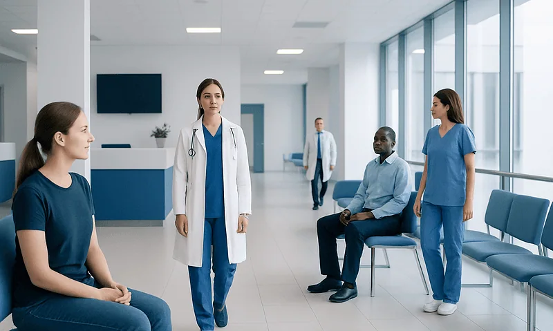 Medical professionals and patients in a hospital waiting area.