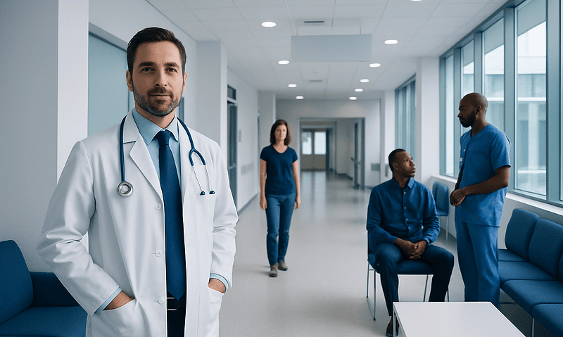 Medical team in hospital corridor with doctor and patients.
