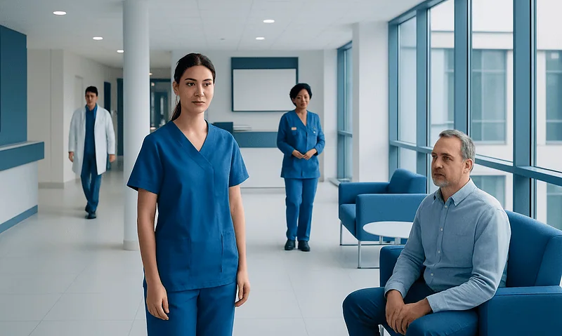 Healthcare professionals in a hospital waiting area with a patient.
