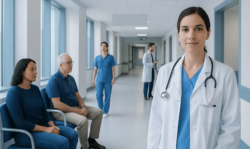 Healthcare professionals and patients in a hospital corridor.