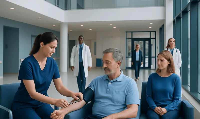 Healthcare professional measuring blood pressure of a patient in hospital.