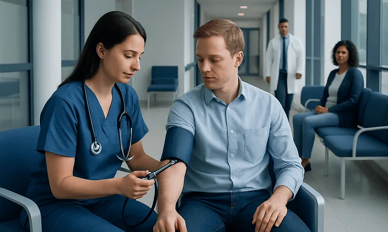 Healthcare professional measuring patient's blood pressure in hospital corridor.