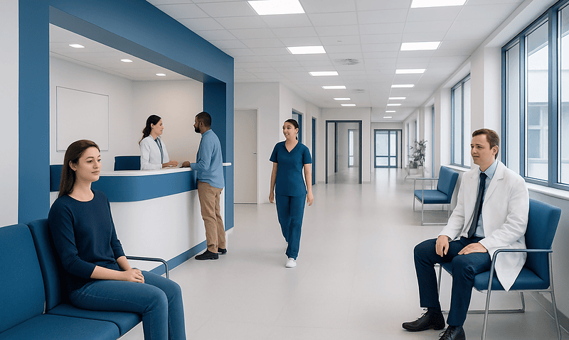 Modern hospital waiting area with patients and staff in a bright, clean environment.